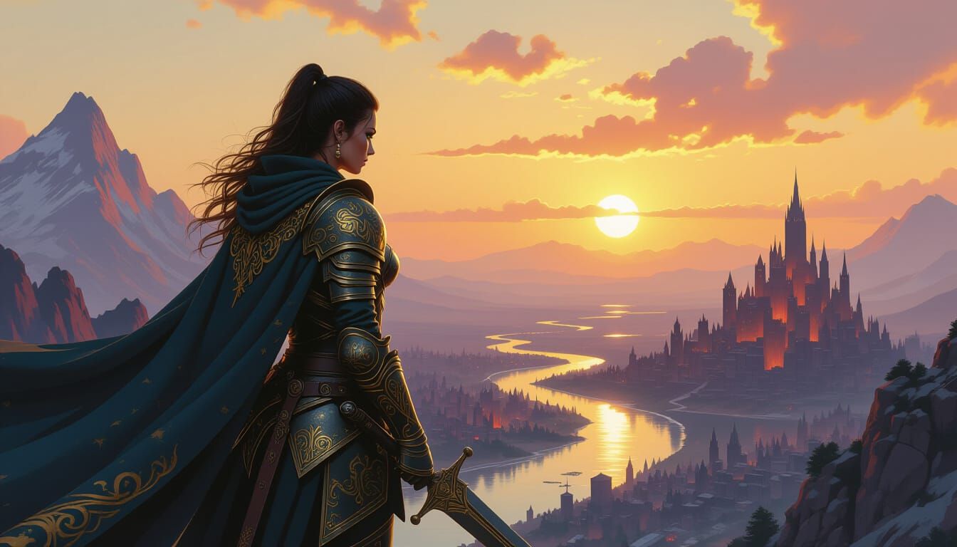 Female Warrior Overlooking Fantasy Realm as Impasto Painting