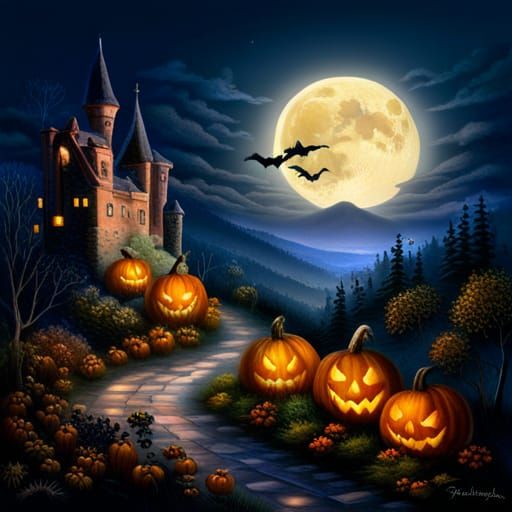 Blue ridge mountain autumn, halloween pumpkins with clear cut facial features lining stone path, stone castle, autumn tr...