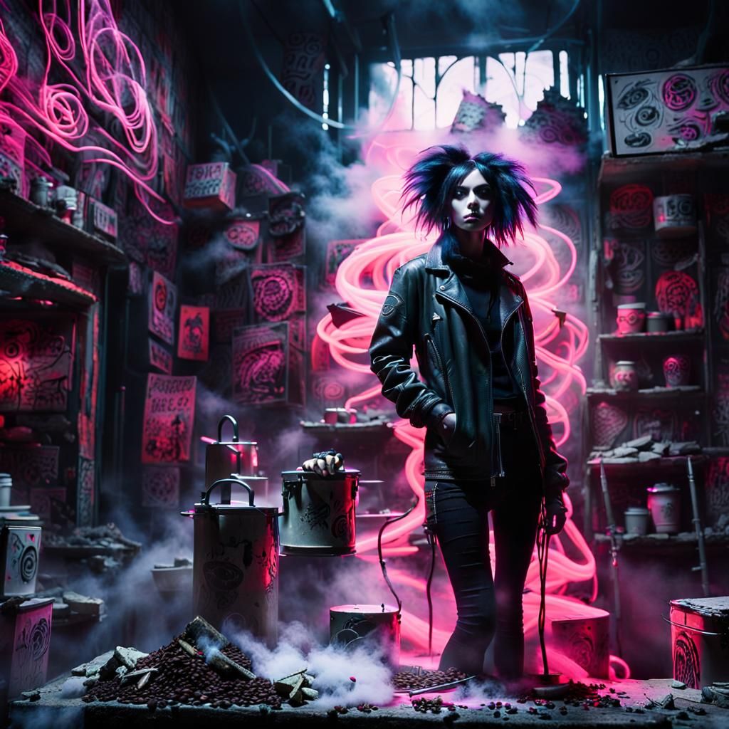 Goth Coffee Shop Abstraction in Neon and Sepia Hues