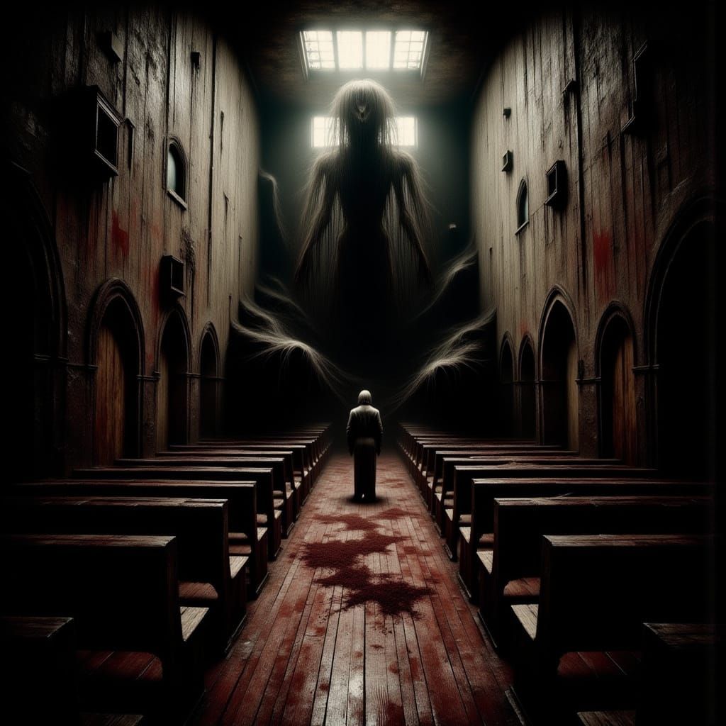 The interior of the church in Silent Hill. A nightmarish sur...