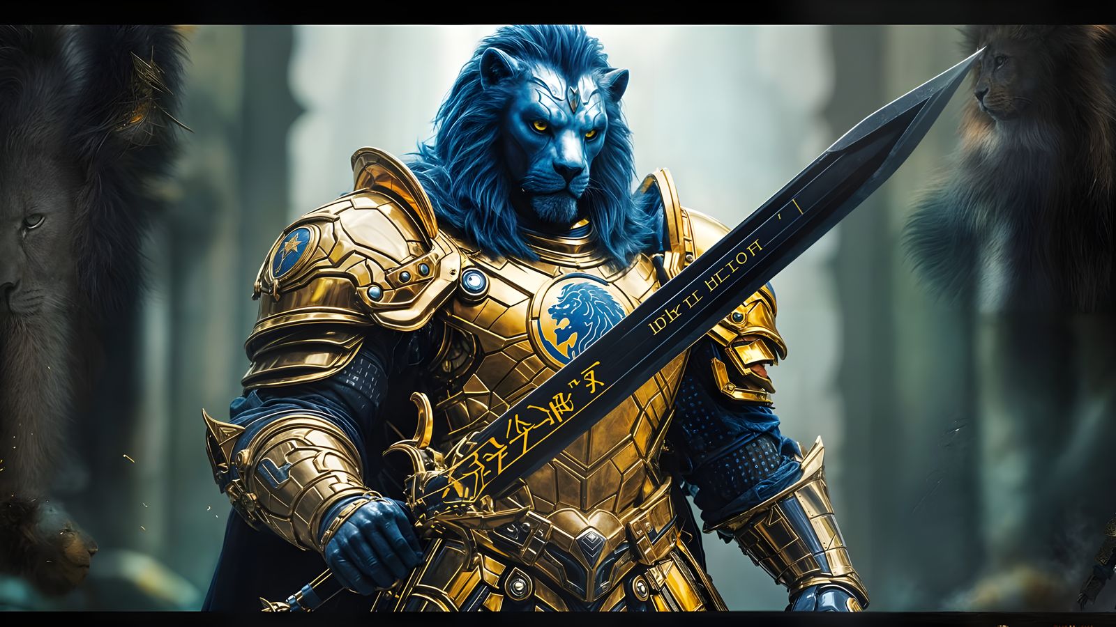 Epic Knight in Golden Armor with Lion Head Helmet