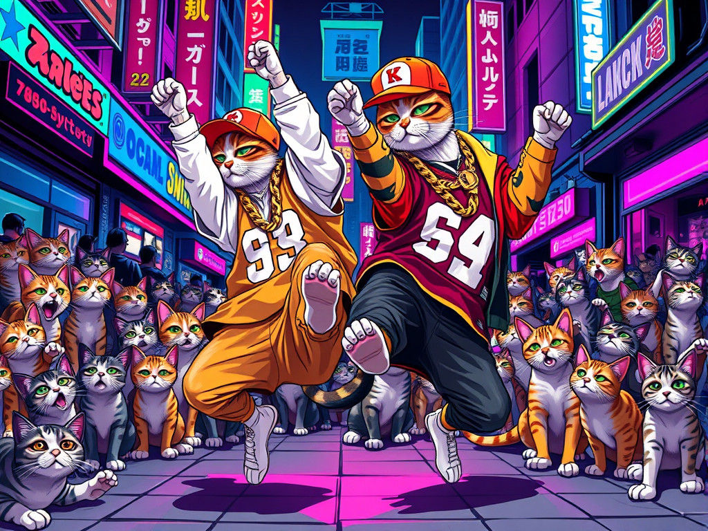 Breakdancing Cats in Neon City, Anime Style
