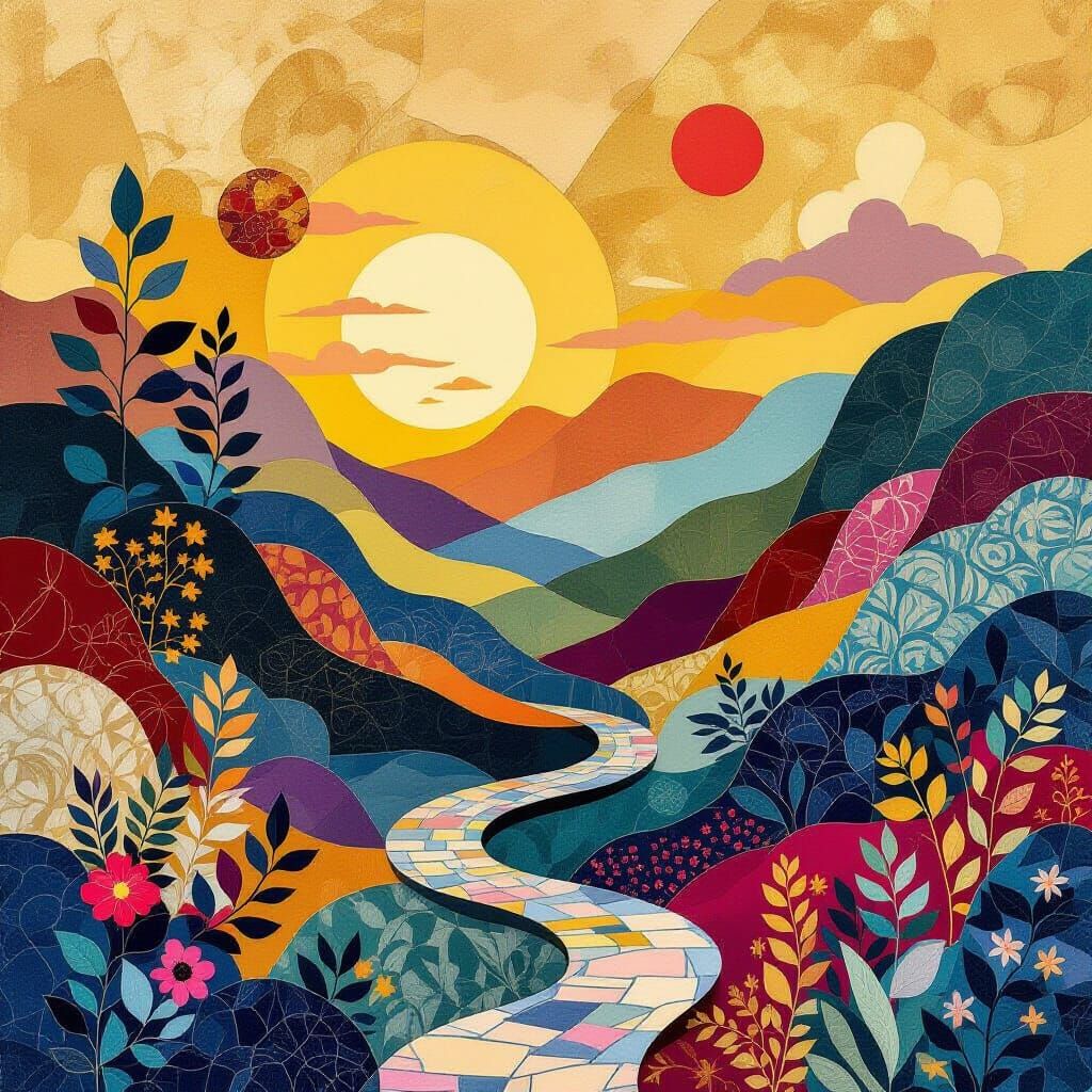 Fantastical Landscape in Vibrant Multicolor Collage Style