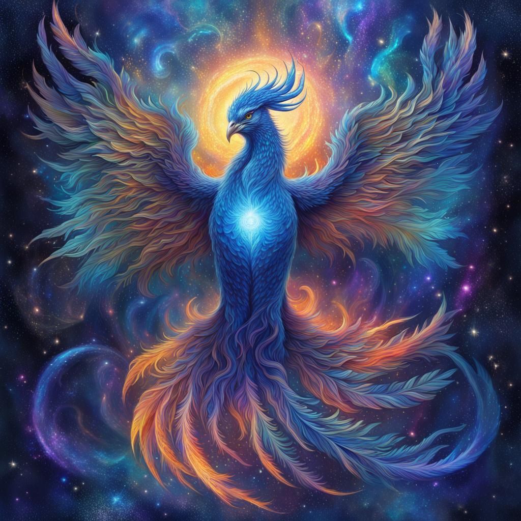 Sparkling Blue Phoenix in Cosmic Illustration