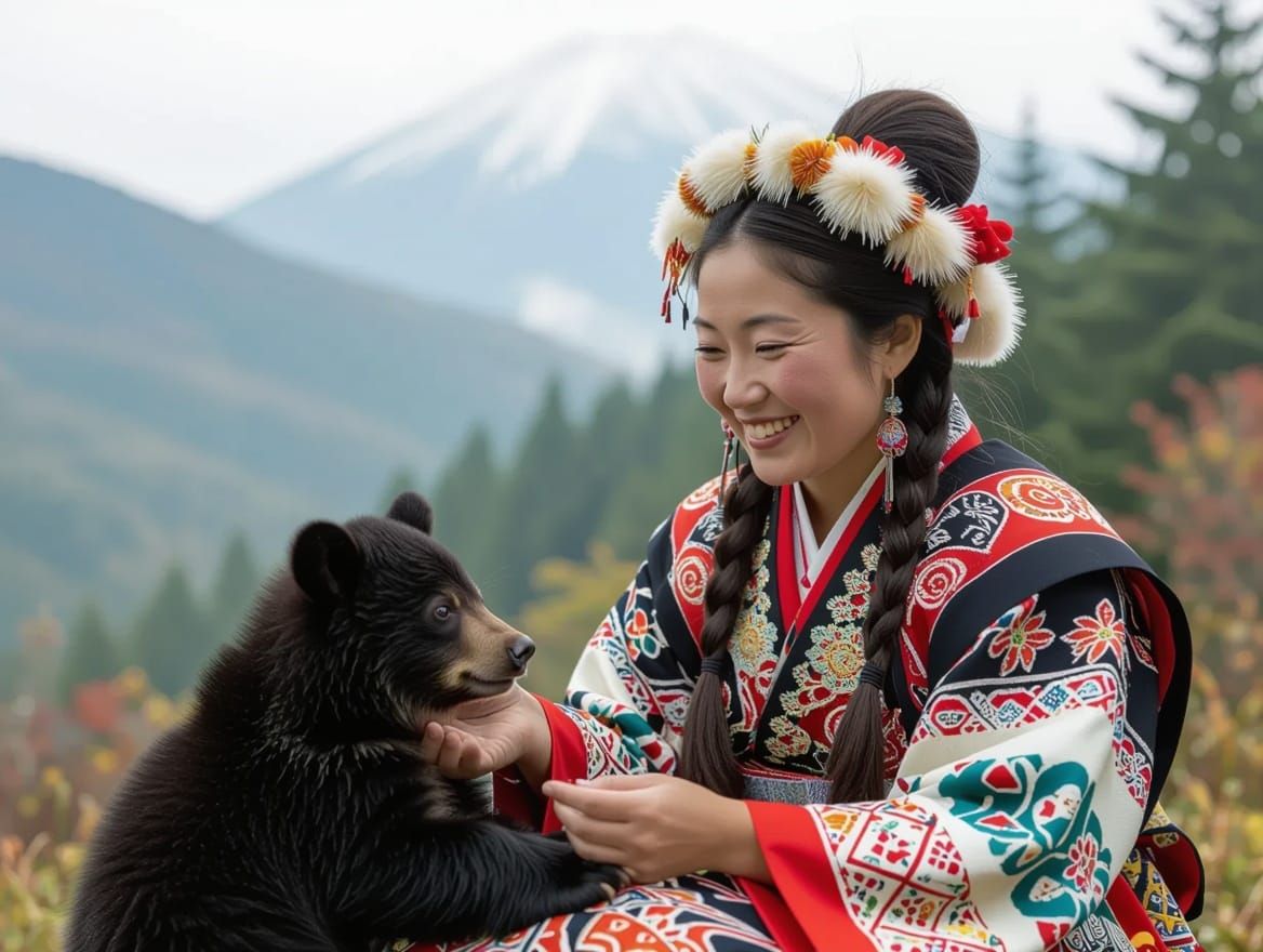 Ainu Woman Enchants with Black Bear Cub in Hokkaido Forest