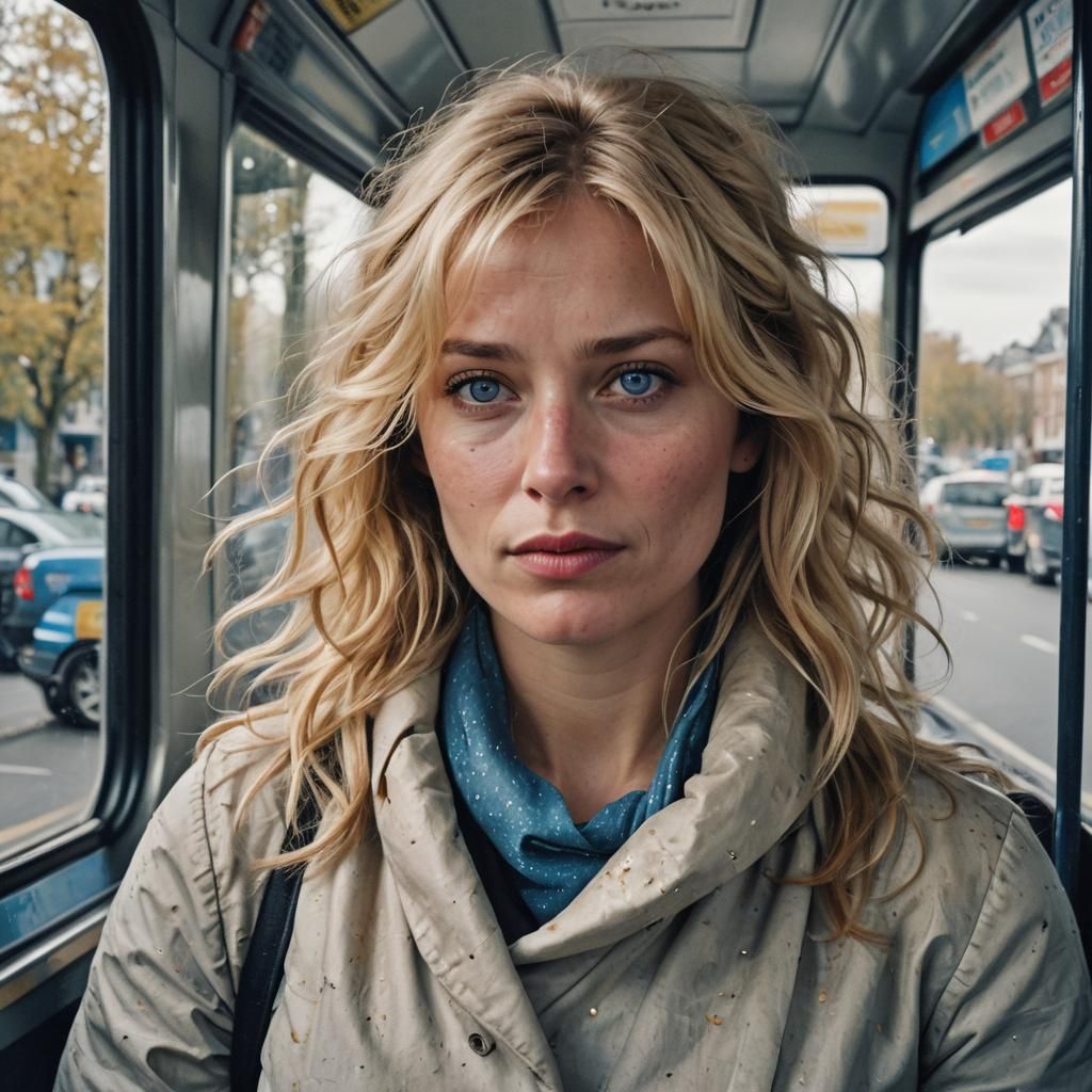 Blonde Woman with Bandages on Bus, Professional Photo