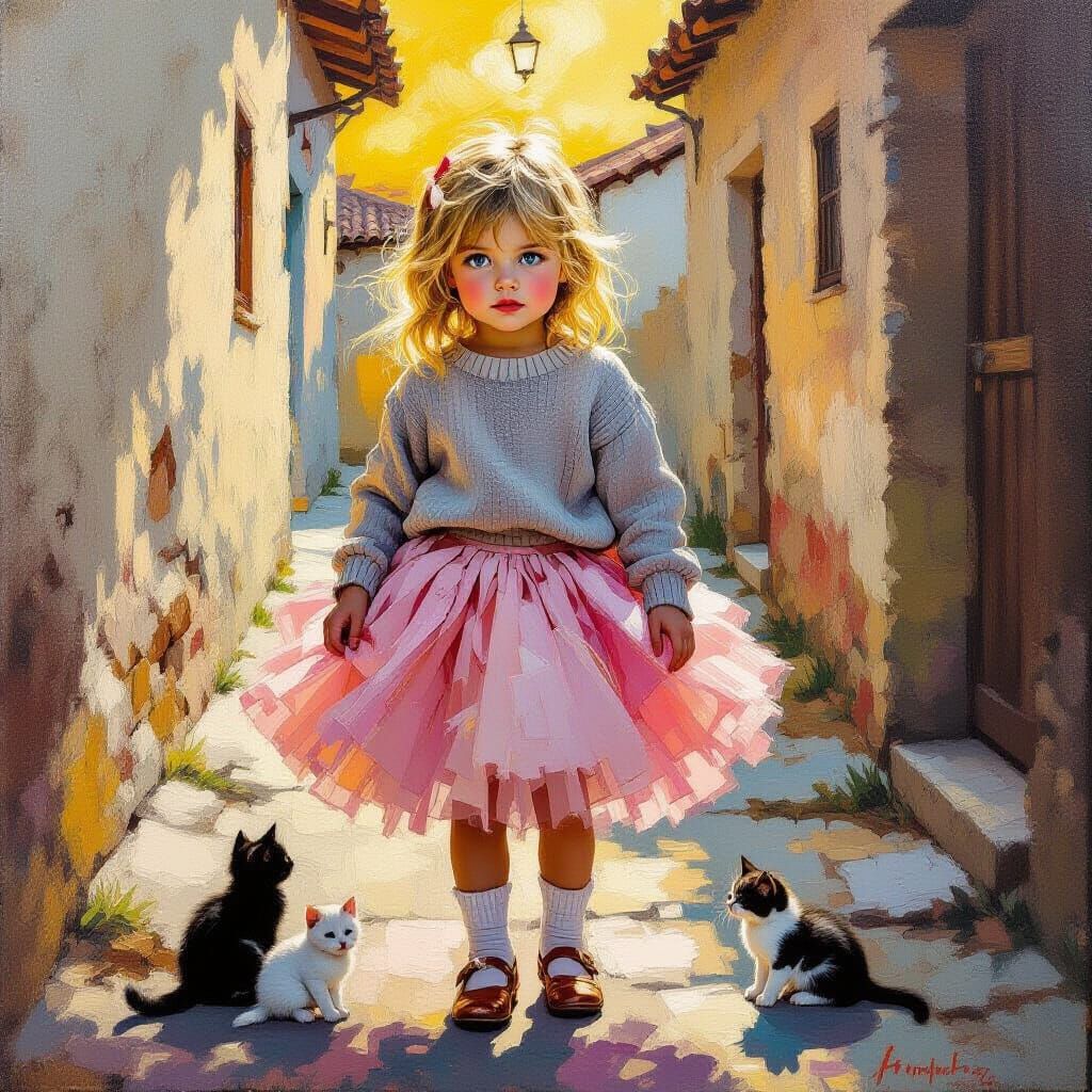 Girl in Pink Skirt Playing with Kittens in Golden Hour Light
