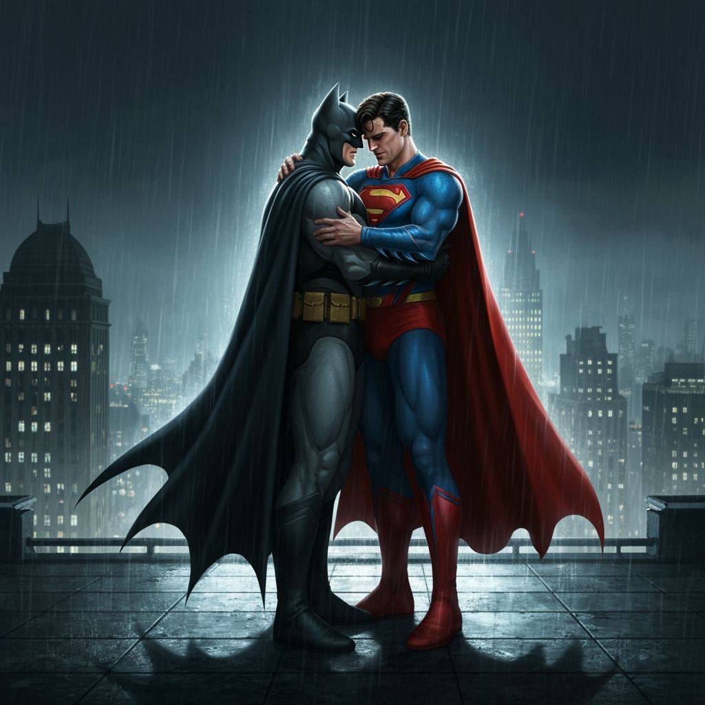 Batman and Superman Embrace in Heroic Gotham Night Scene