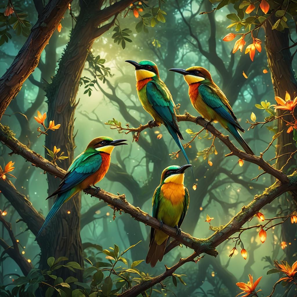Bee-Eater Birds in Mystical Forest Concept Art