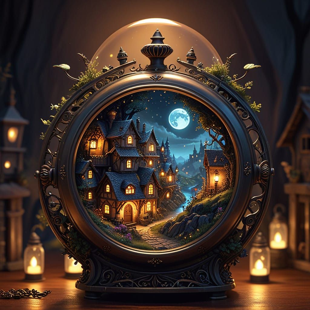 Whimsical Village in Giant Pocket Watch | Fantasy Art
