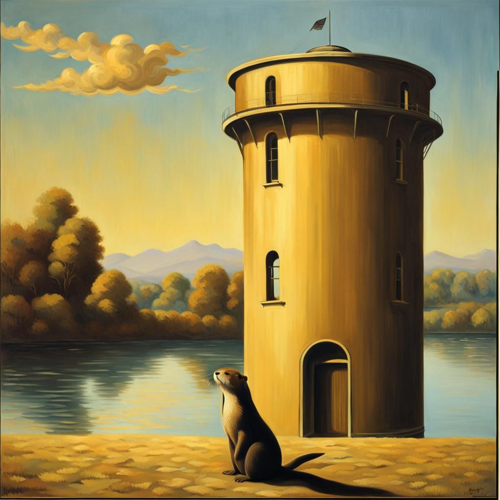 Golden Water Tower and Otter in Surrealist Style