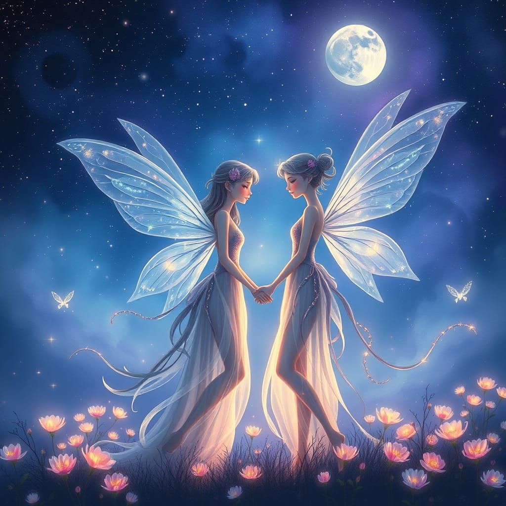 Enchanted Fairy Duo Under Starry Night Sky