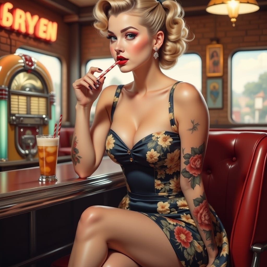 Vintage Pin-Up Girl in 1950s Soda Shop