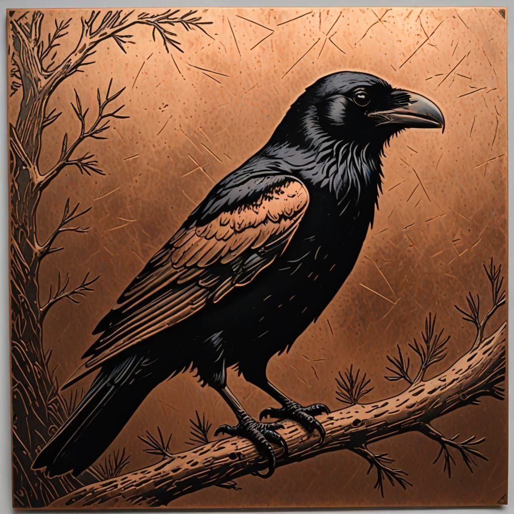Copper sheet etched image of raven