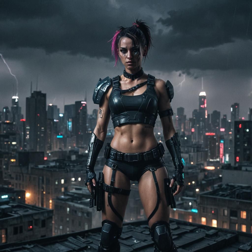 Cyberpunk Girl on Rooftop in Dystopian City