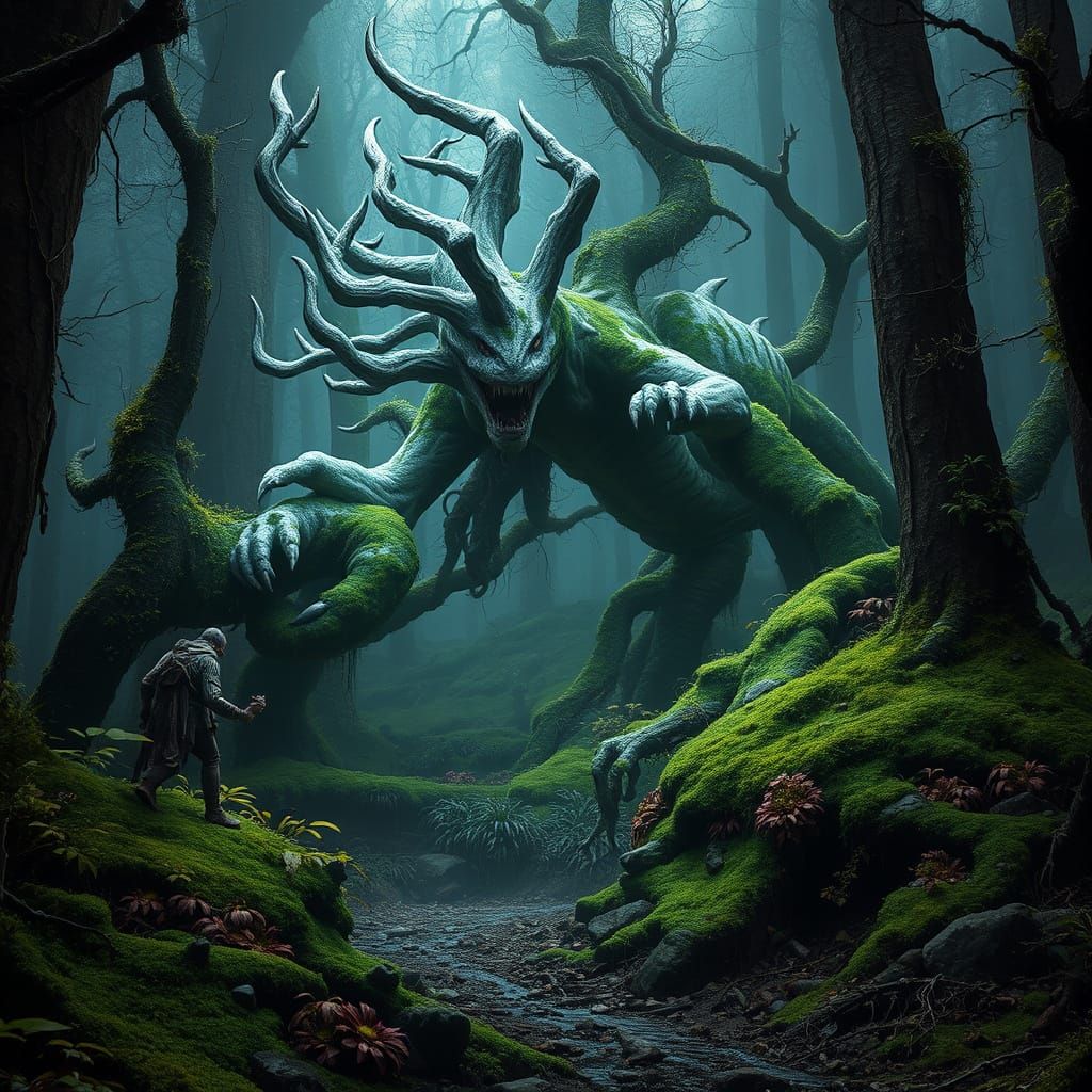 Moss-Covered Nekomata in Dark Forest, Detailed Fantasy Art