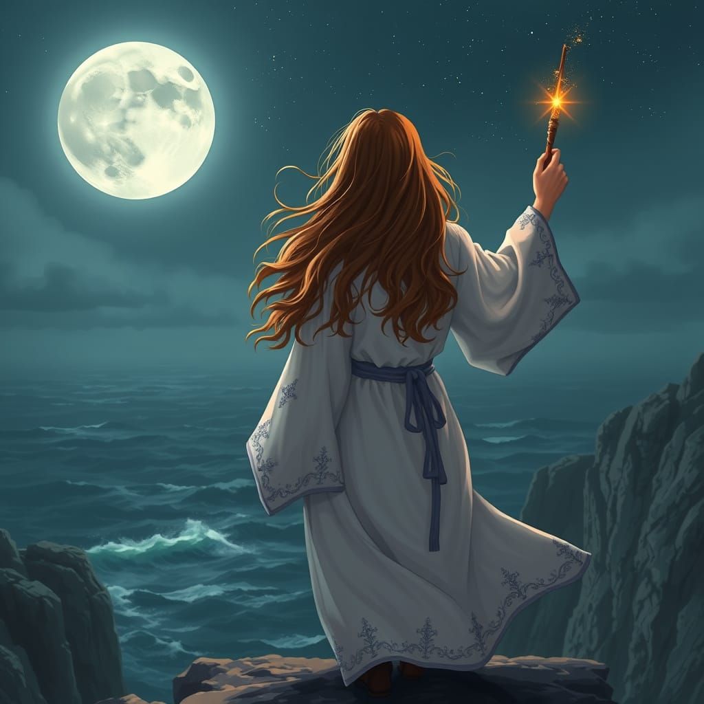 Ethereal Hermione Granger Stands Against Full Moon, Wand Glo...