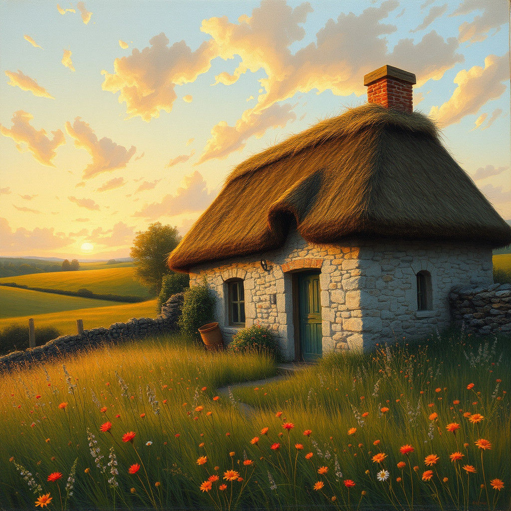 Sunset Over Rustic Cottage in Impressionist Meadow