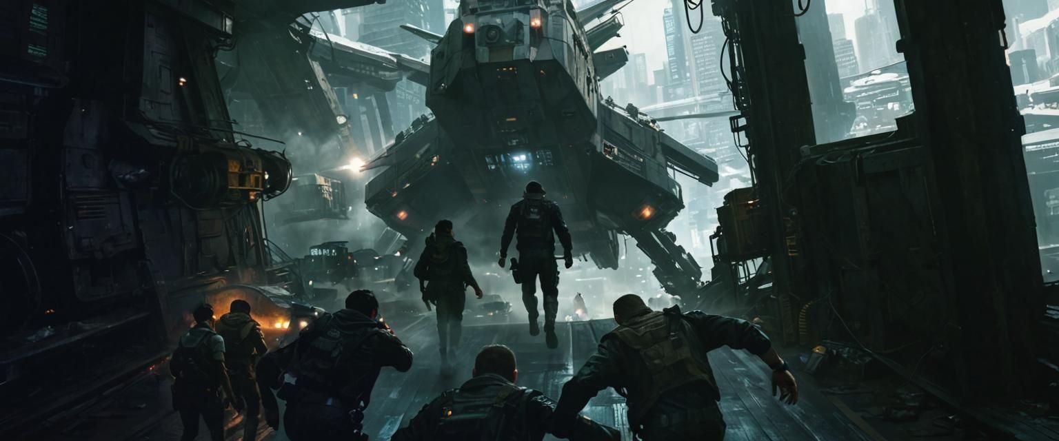 Cyberpunk Evacuation: Survivors Rushing to Spacecraft