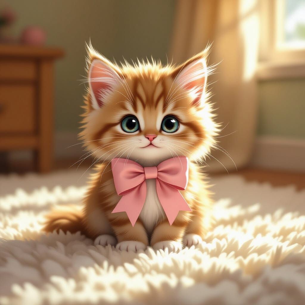 Playful Kitten with Pink Bow in Storybook Style