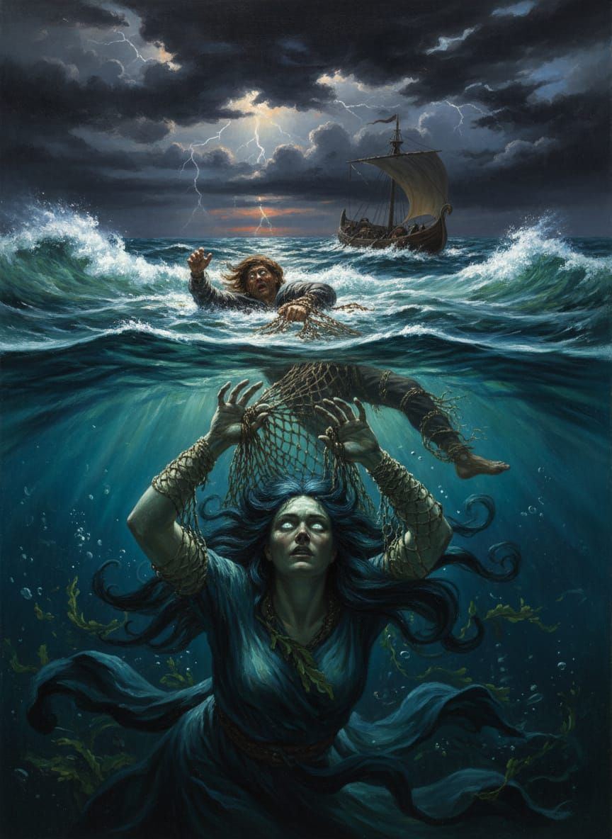 Norse Sea Goddess Ran Pulls Sailor into Stormy Depths