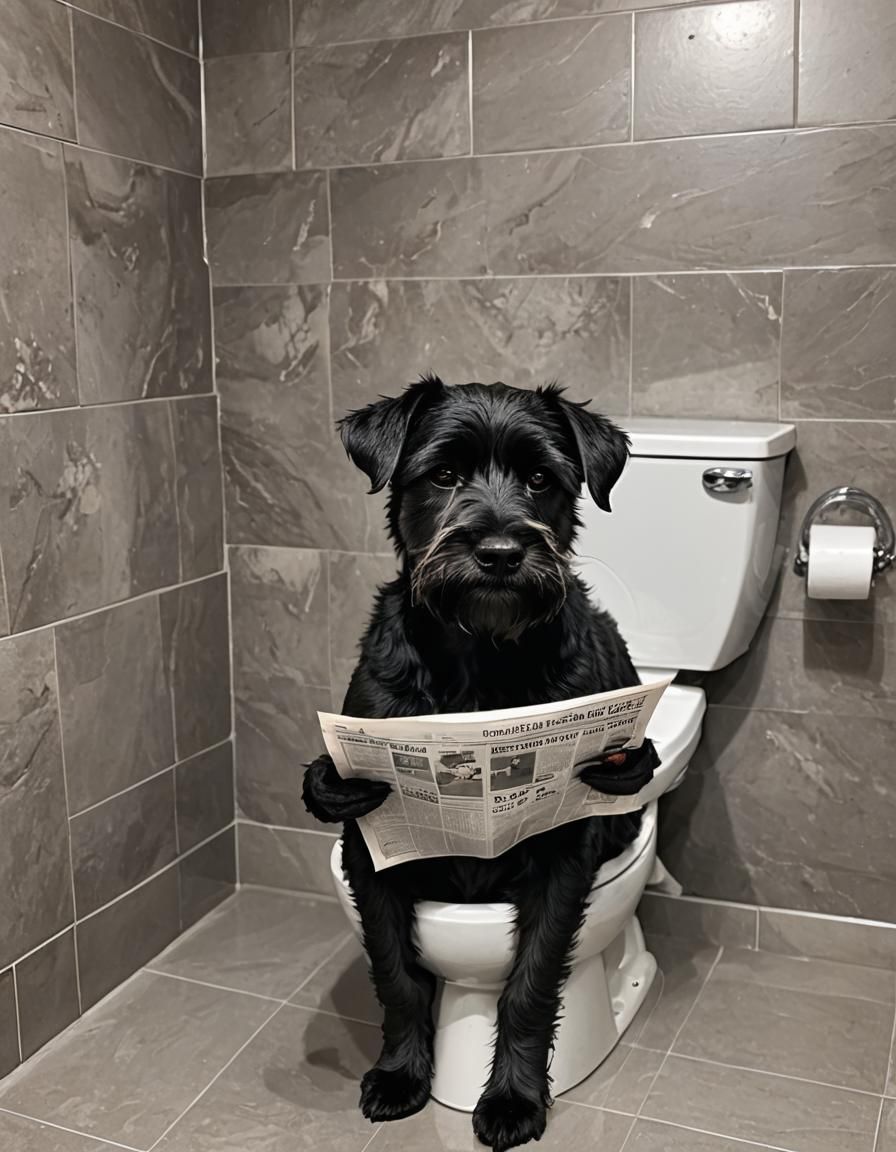 Dog on Toilet Reading Newspaper