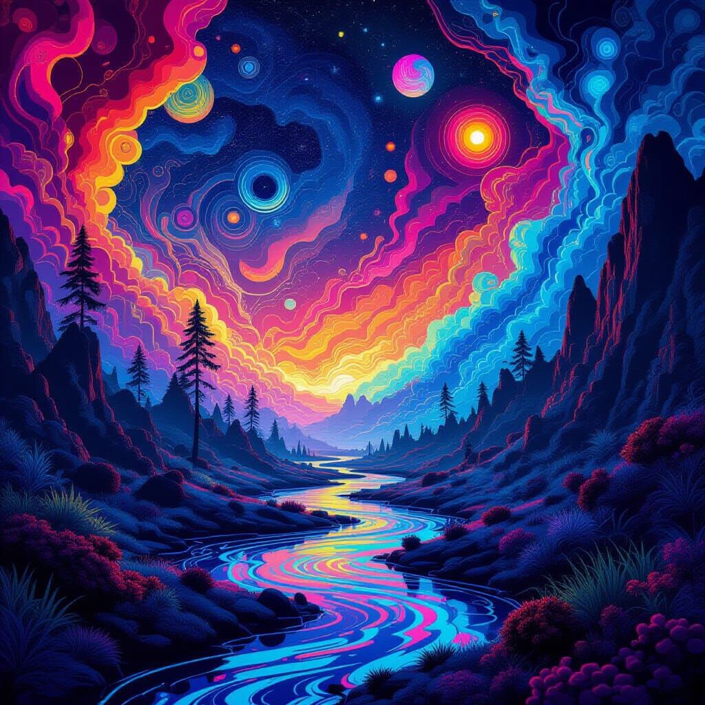 Dreamlike Surreal Scene with Vibrant Swirling Patterns