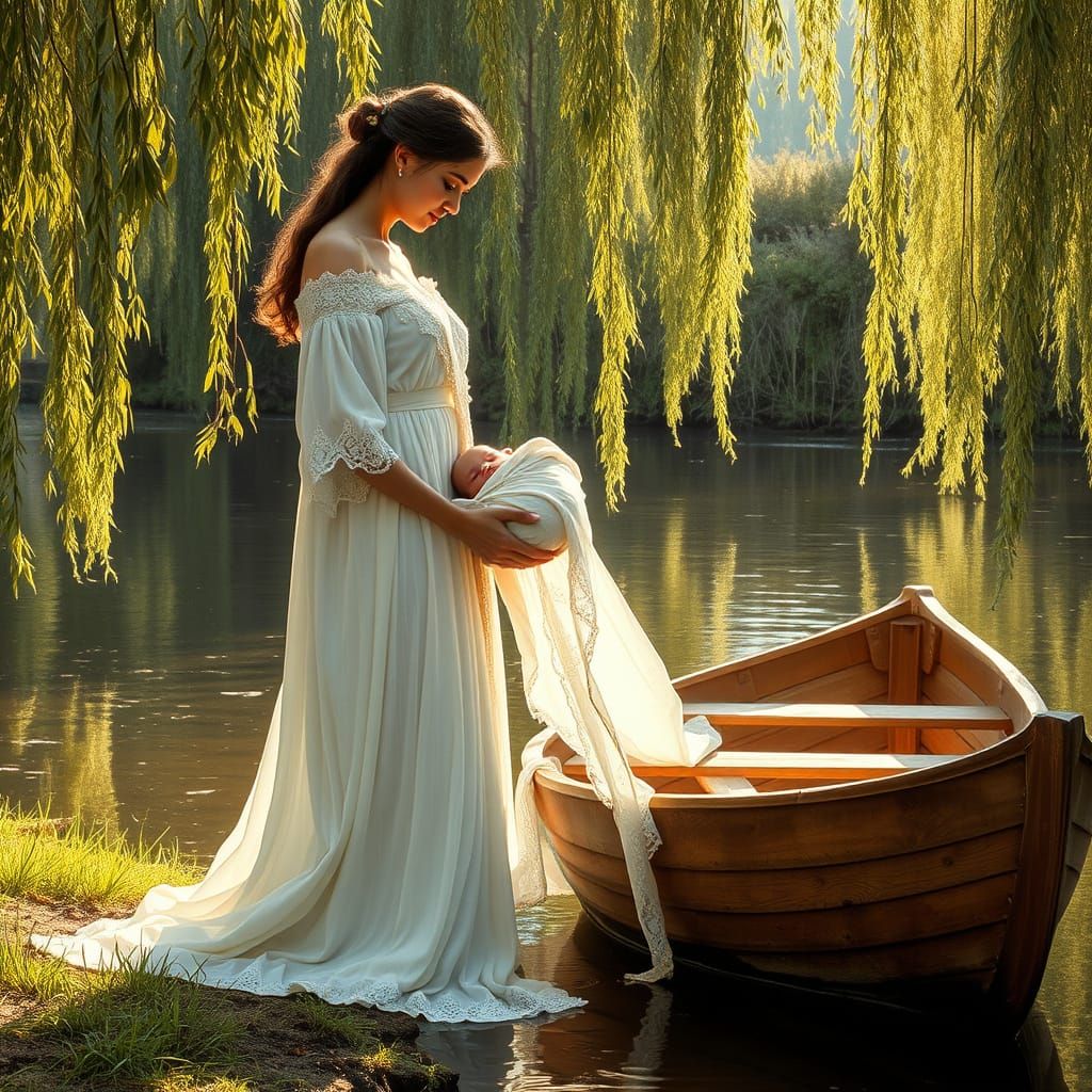 Serene Mother Places Infant in River Boat, in Pre-Raphaelite...