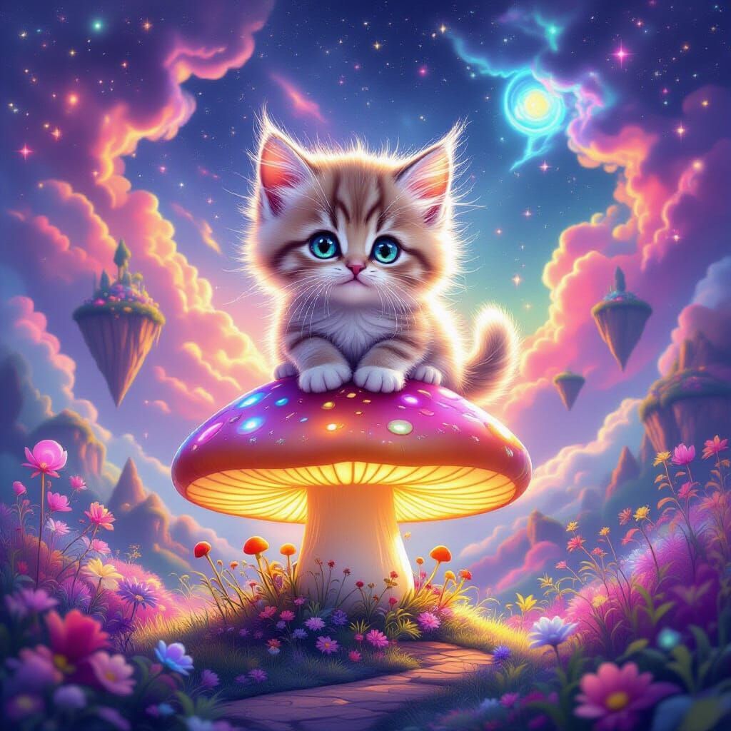 Adorable Kitten on Luminescent Mushroom in Surreal Fantasy L...