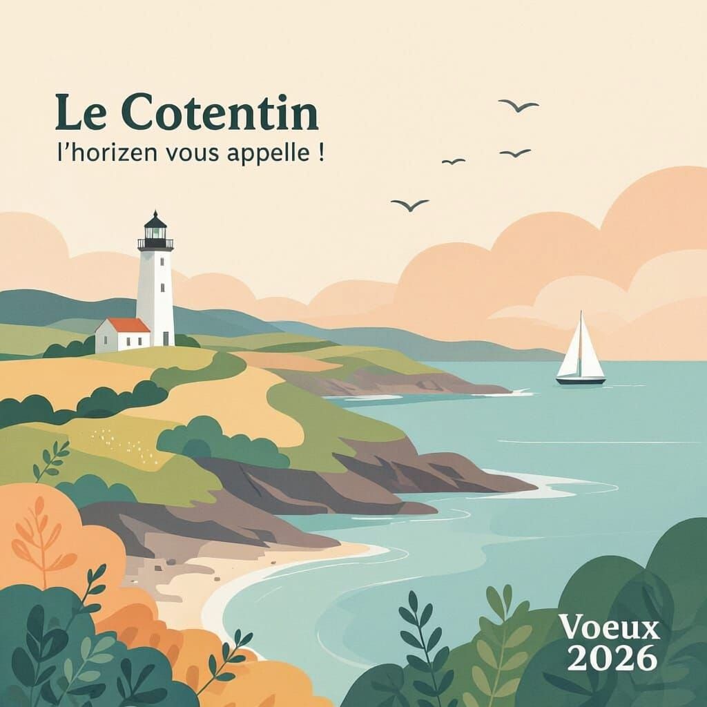 Cotentin Region Graphic Illustration with Lighthouse and Sai...