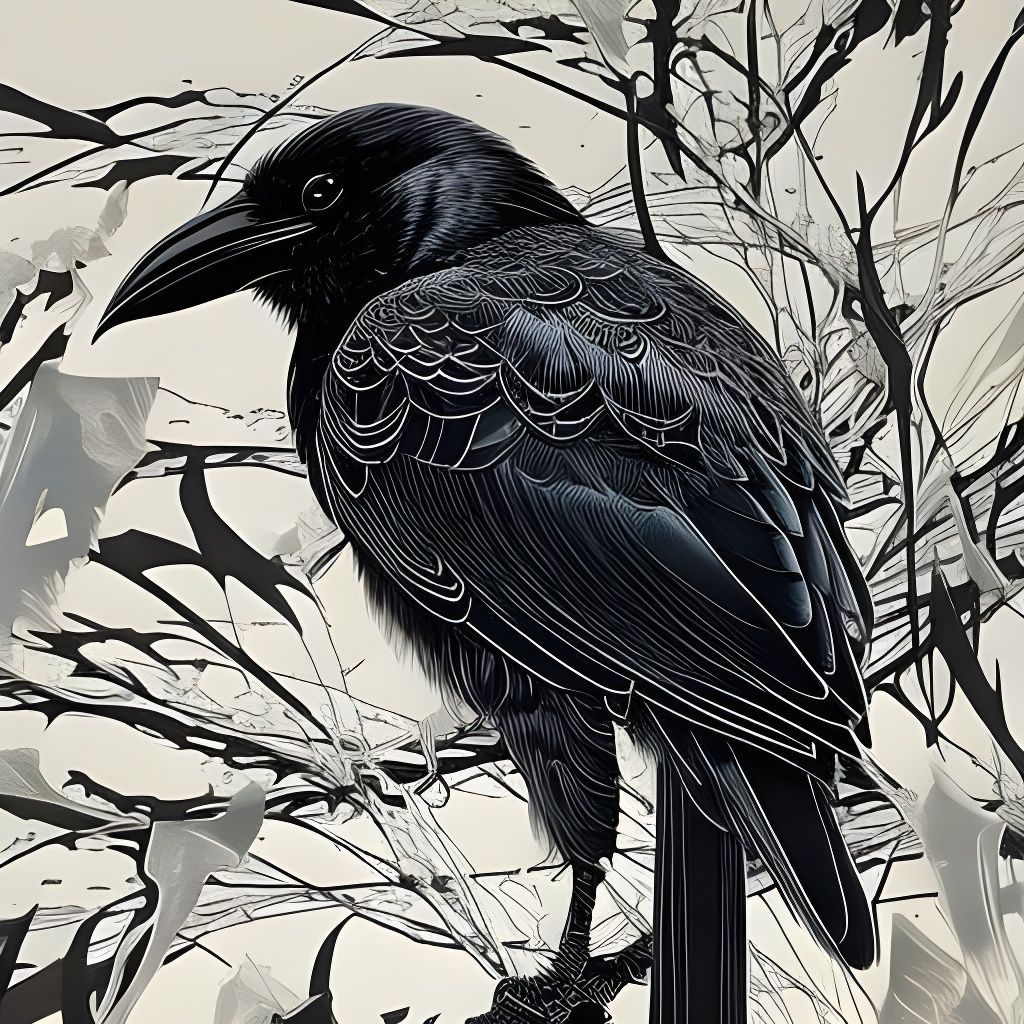 Stylized White Ink Raven with Calligraphy