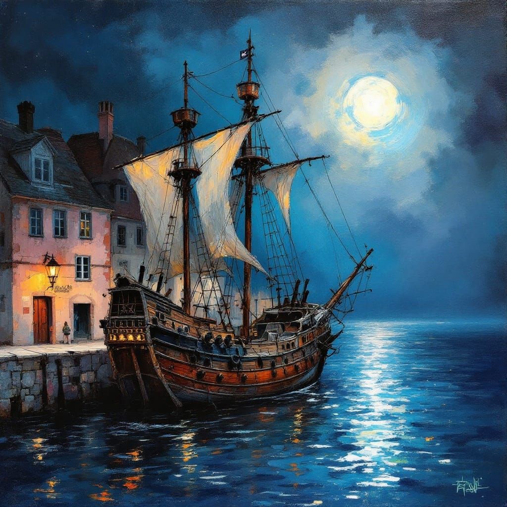 Glowing Moonlit European Port Scene with Pirate Ship