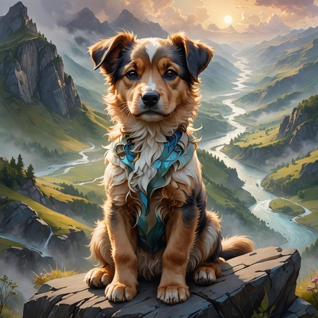 Puppy Portrait on Misty Mountaintop, Fantasy Art
