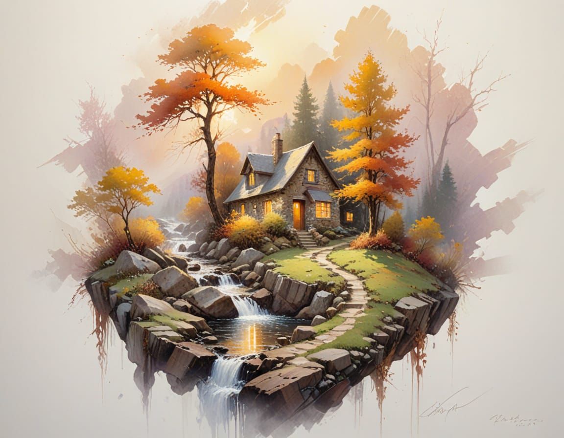 Idyllic Stone Cottage by River in Autumn Splendor