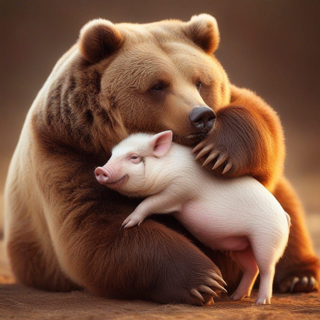 Photograph: Tiny Obese Pig Hugs a Fat Grizzly Bear