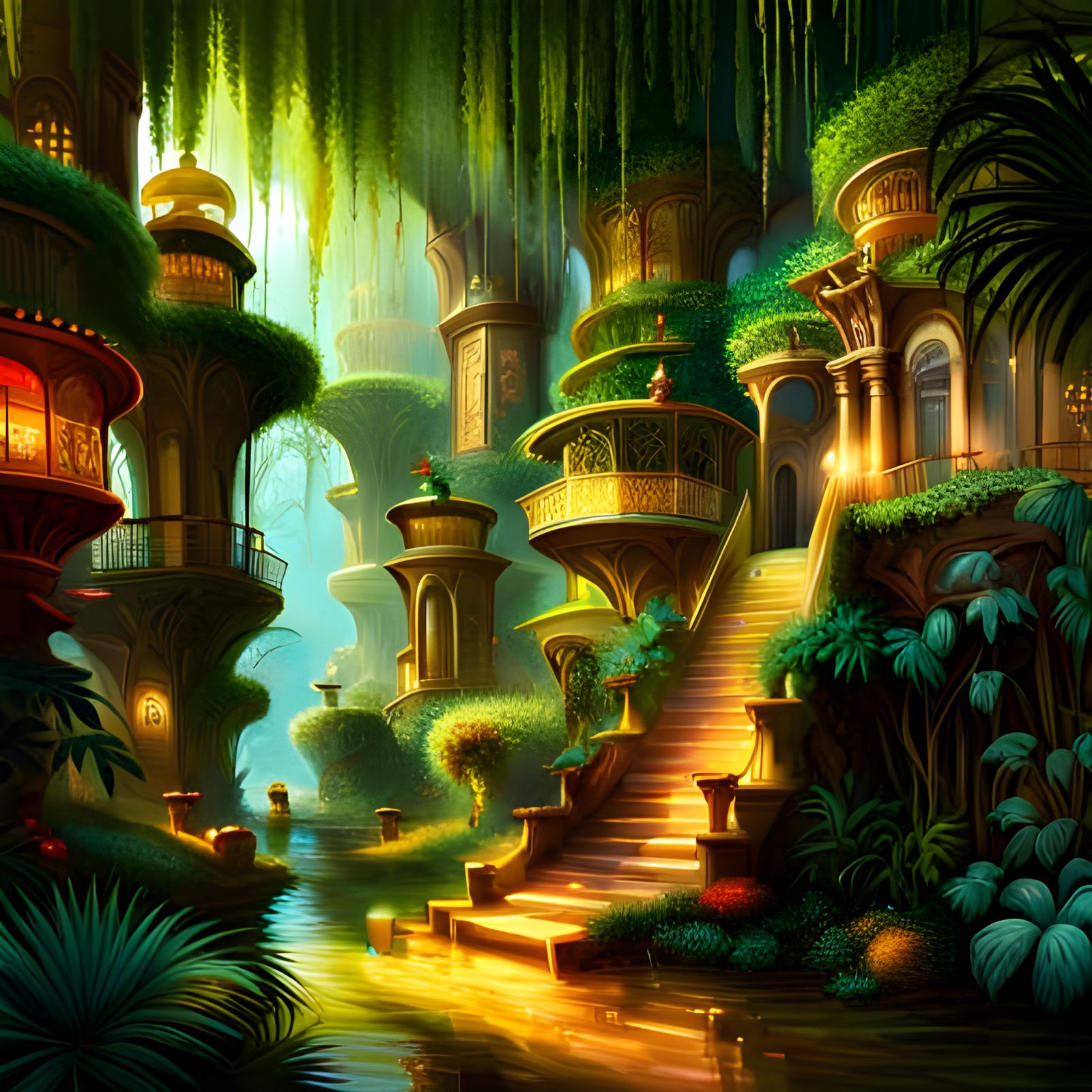 Lush Hanging Garden of Semiramis in Art Nouveau Style