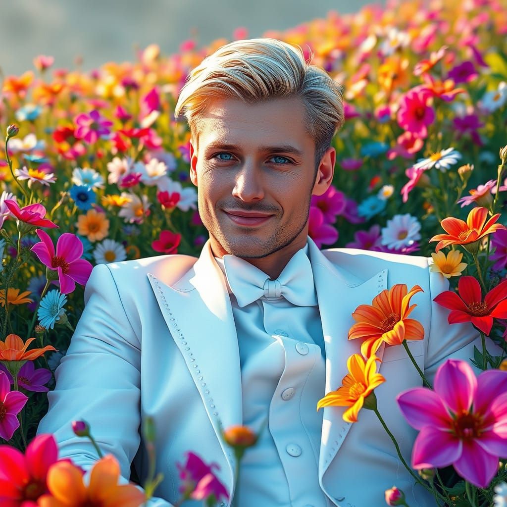 Dashing Gentleman Amidst a Vibrant Floral Fantasy