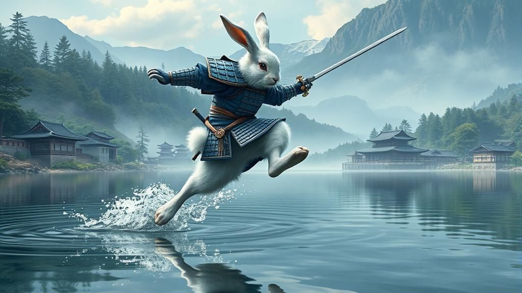 Samurai Bunny Leaping Across Lake, Digital Illustration