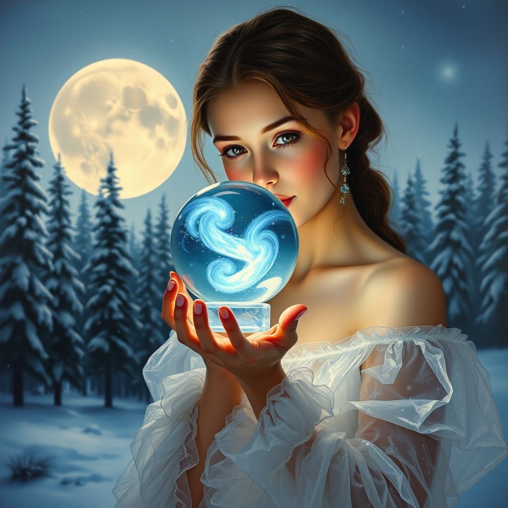Woman with Aurora Orb, Celestial Oil Painting