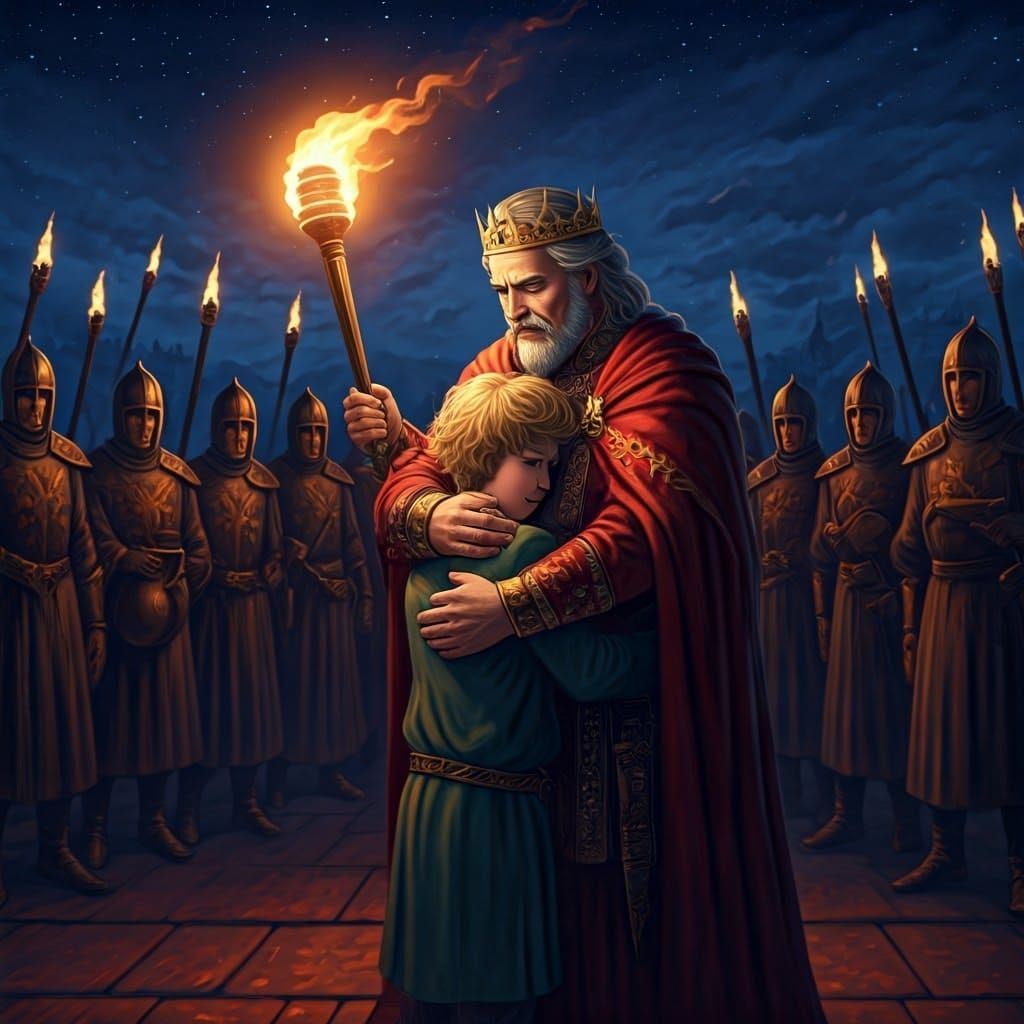 King's Embrace Under Starry Sky, Dramatic Painting