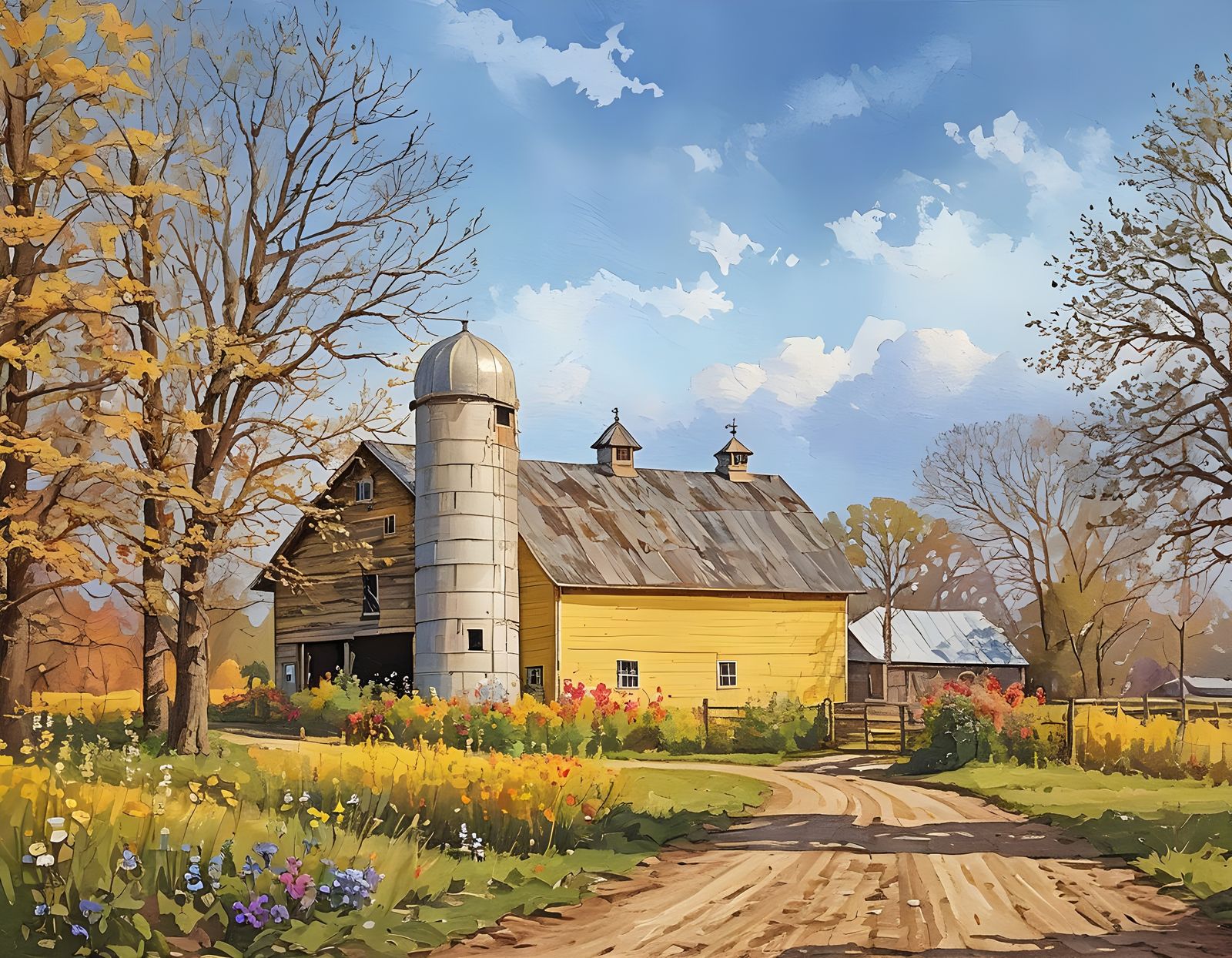 Vibrant Gouache Landscape with Yellow Barn and Floral Blooms...