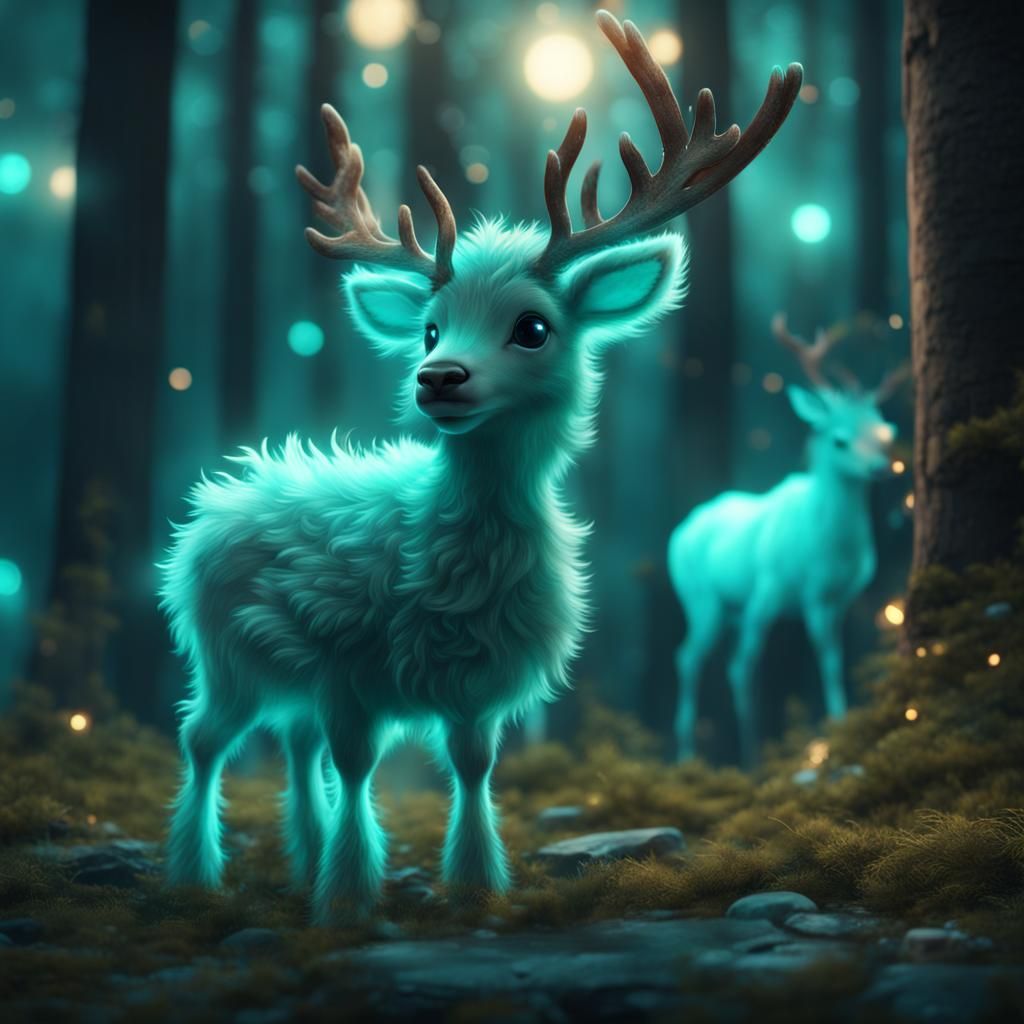 Elegant Teal Reindeer in Forest, Glowing Fantasy Art