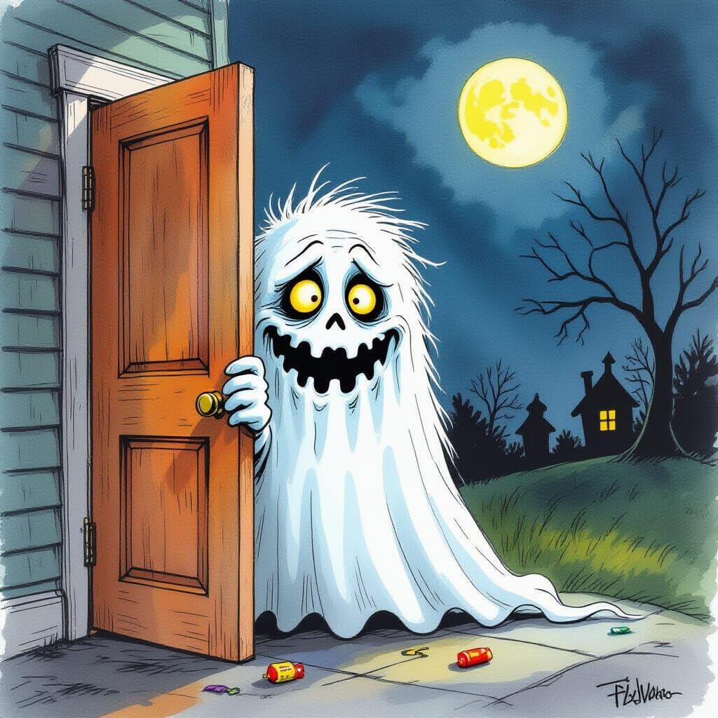 Surreal Candy Ghost Peeking from Doorway