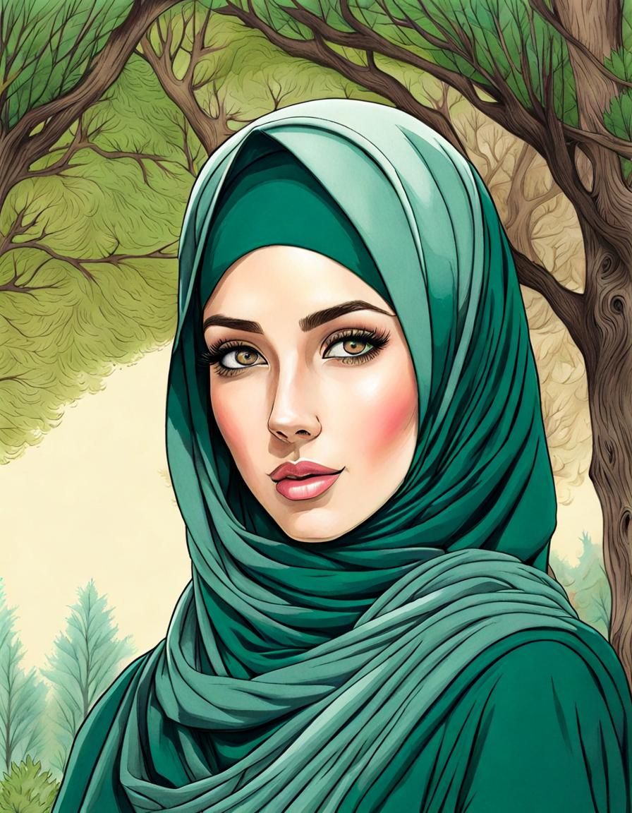 Woman in Hijab: Detailed Color Pencil Forest Art