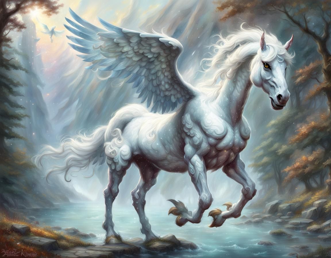 Ethereal White Pegasus in Fantasy Landscape