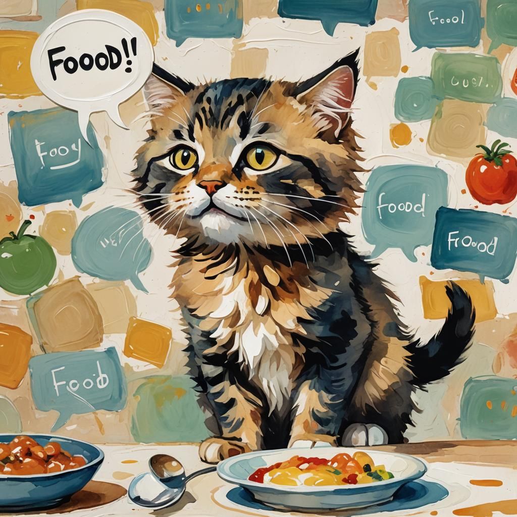 Cute Kitten Demands Food as Gouache Painting
