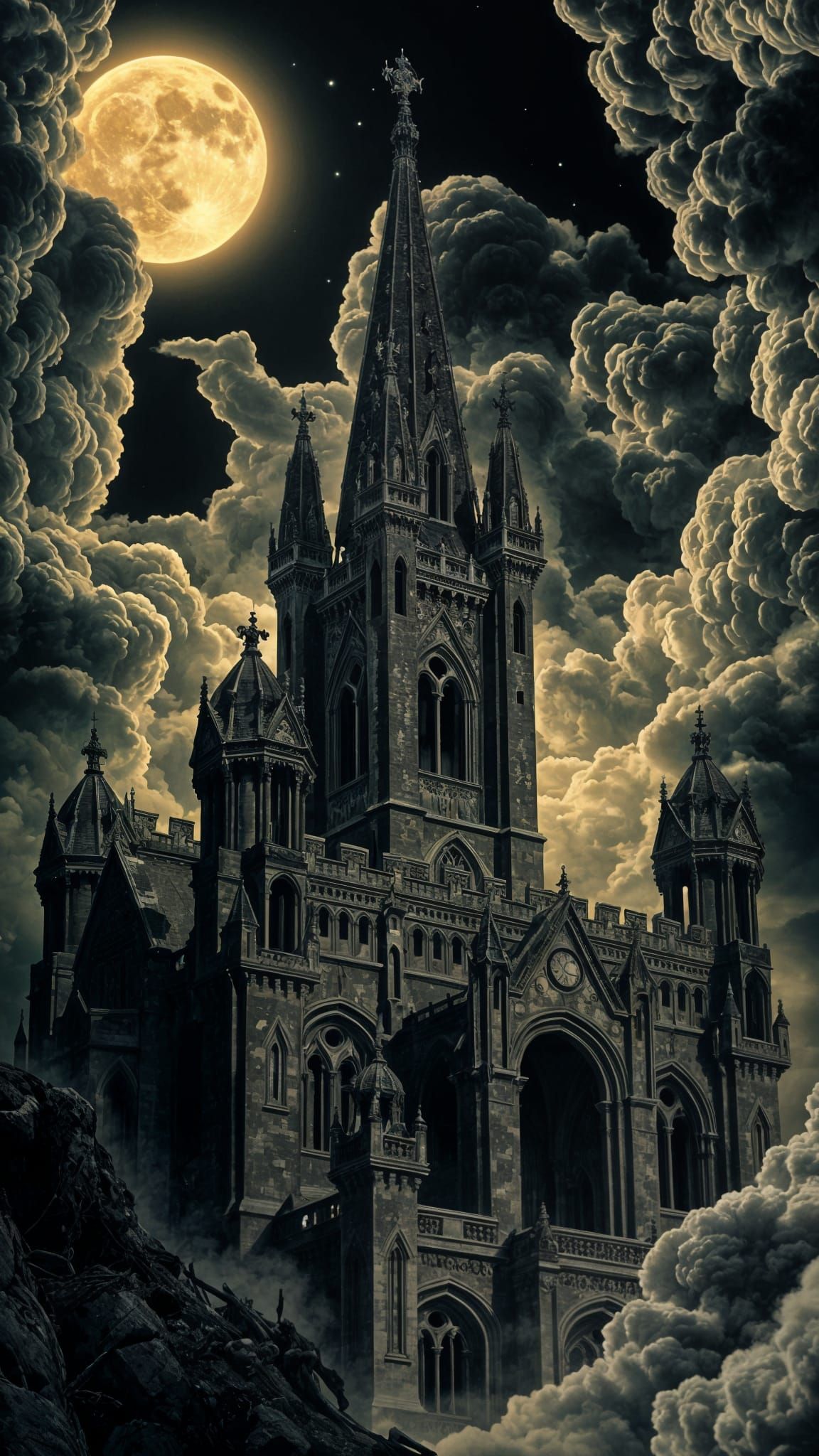 Eerie Gothic Castle in Mist-Shrouded Moors Flemish Oil Paint...