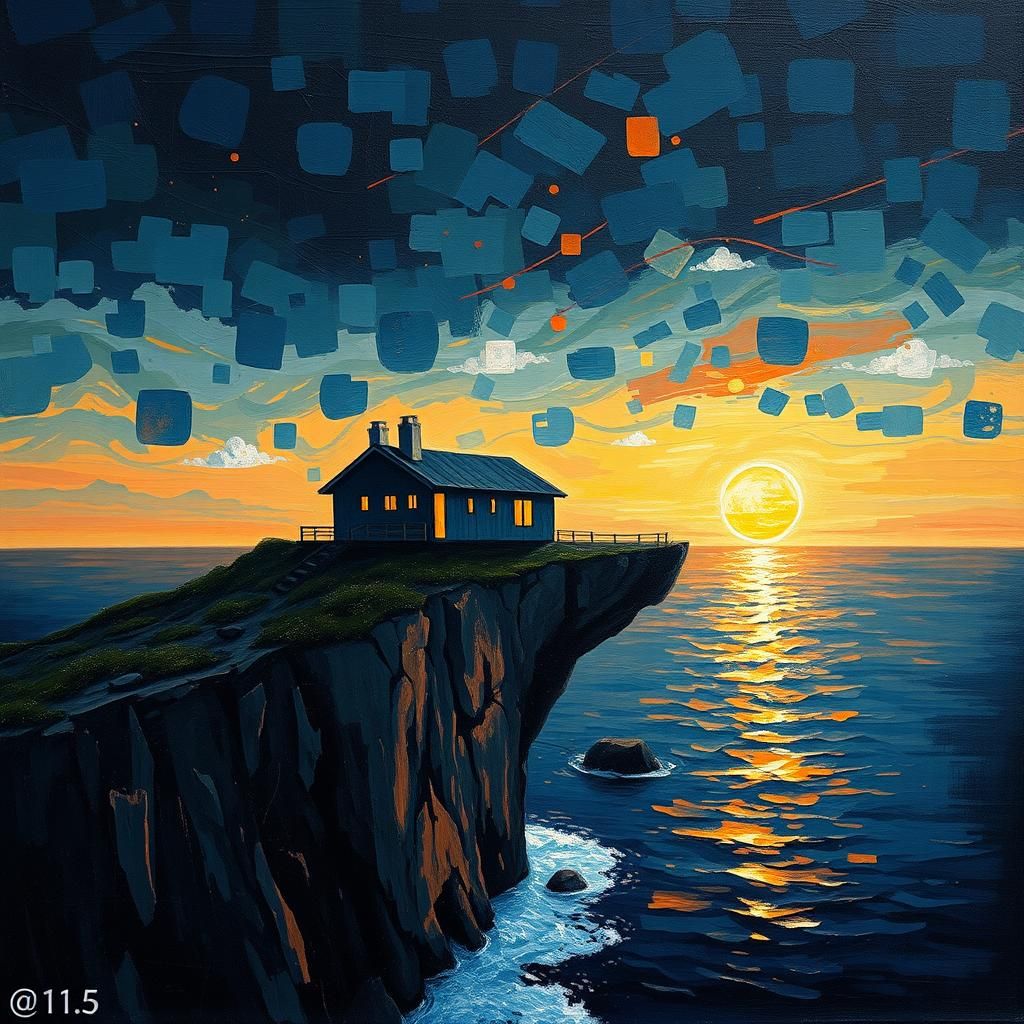 Art Deco House on Cliff in Dark Impasto Style