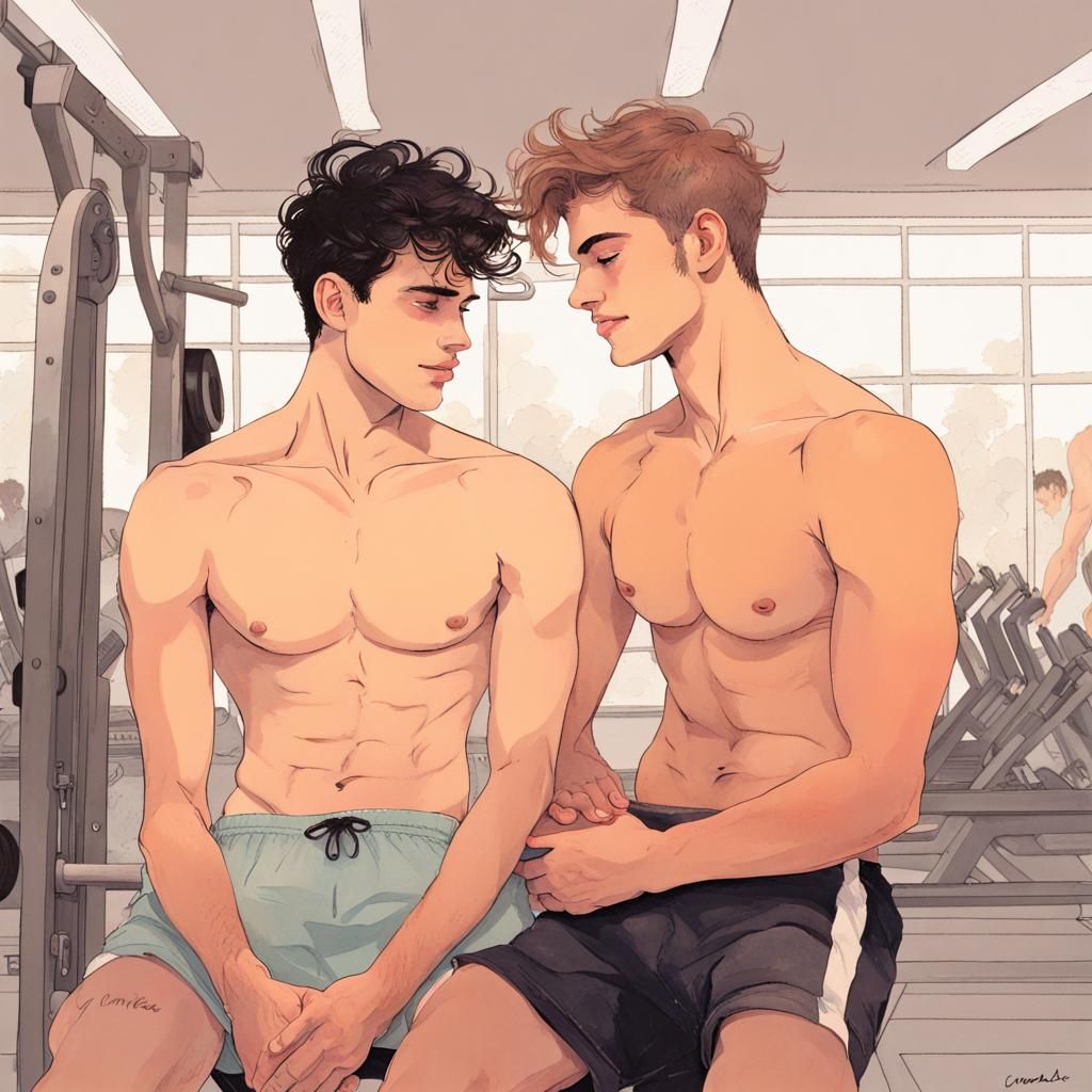 Gay Couple at Gym, in Conrad Roset Style