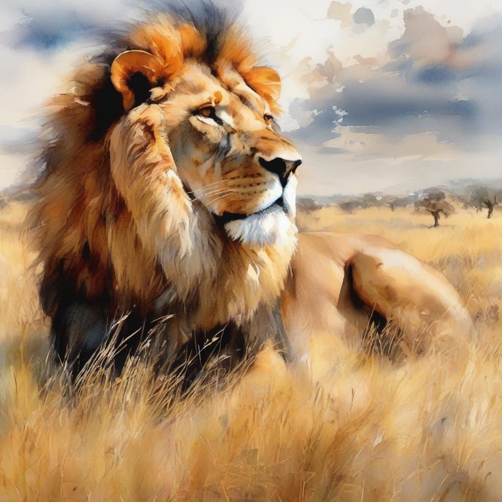 Ethereal Watercolour Portrait of a Regal Lion in a Golden Sa...